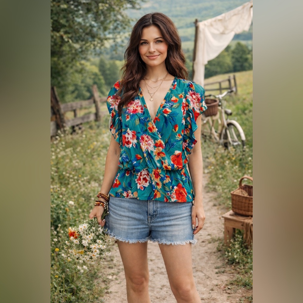 Vine & Love Green Floral Ruffled Short‎ Sleeve Multicolored Print Top Blouse